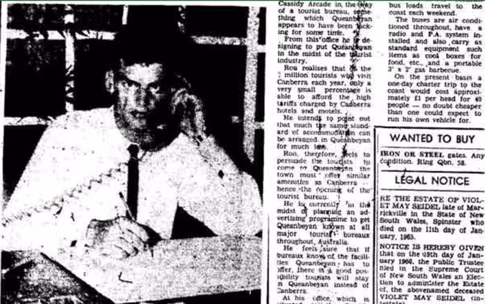 Newspaper clipping of Ron Murray opening the travel agency.